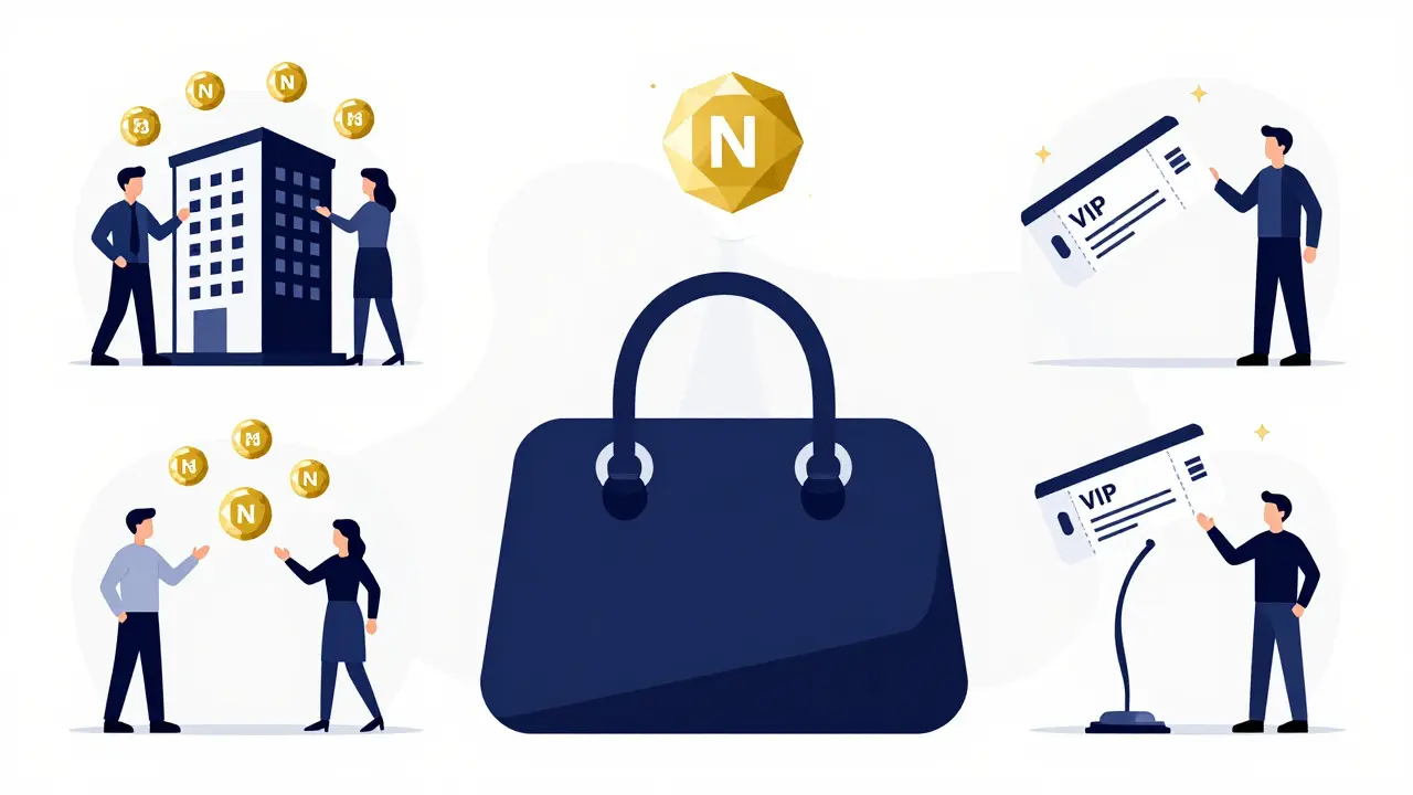 Flat design showing a luxury bag linked to an NFT token, representing anti-counterfeit tech.