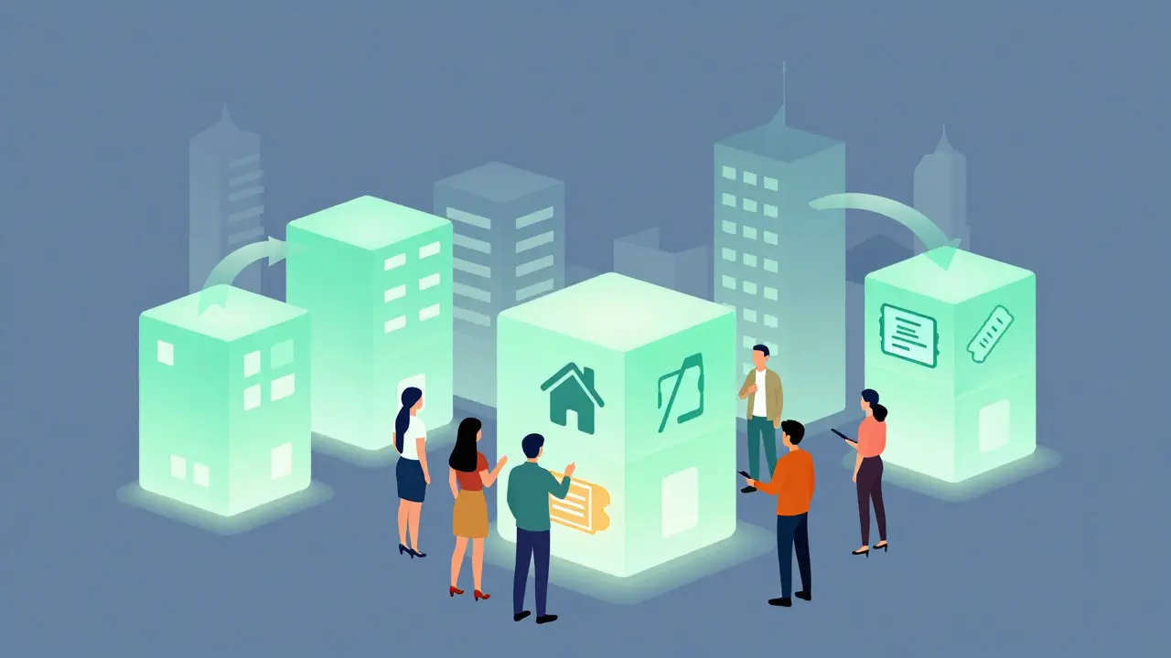 Futuristic city made of blockchain blocks showing real estate and ticket icons