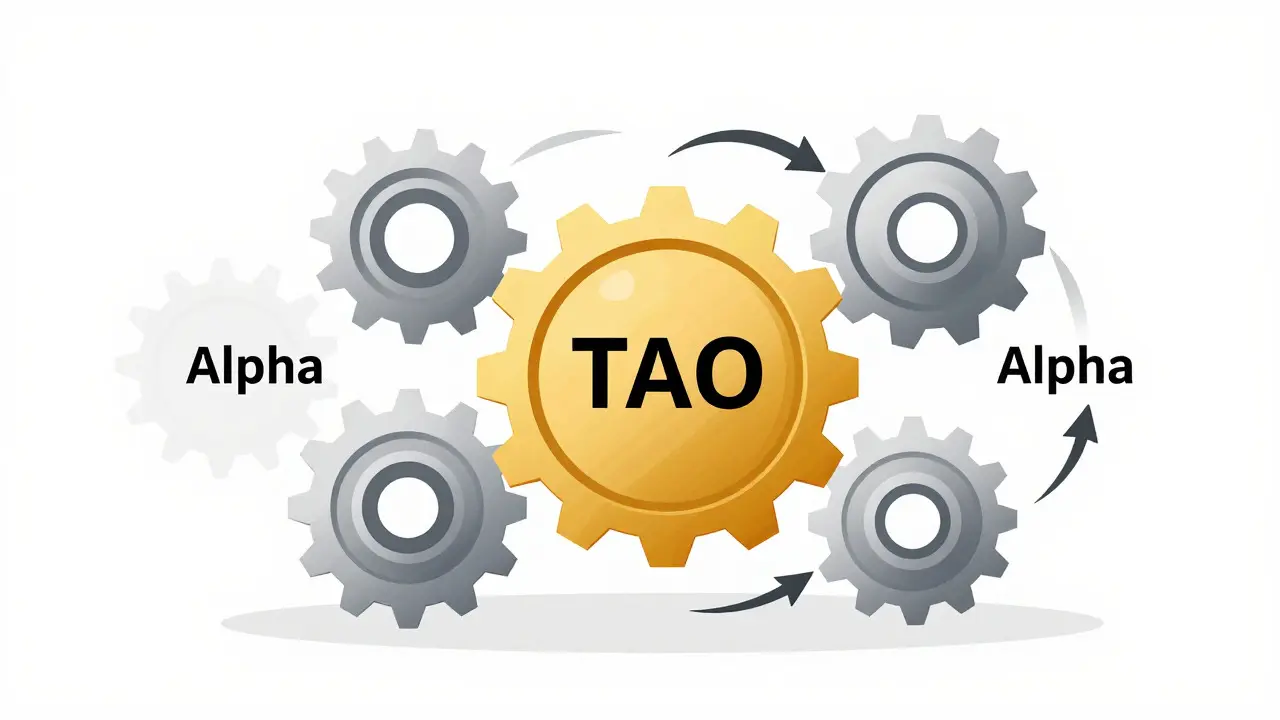 Gears illustrating the tension between scarce TAO tokens and inflating Alpha tokens.