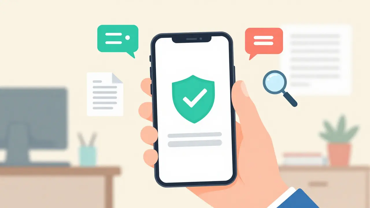 Hand holding phone displaying security checkmark and verification icons