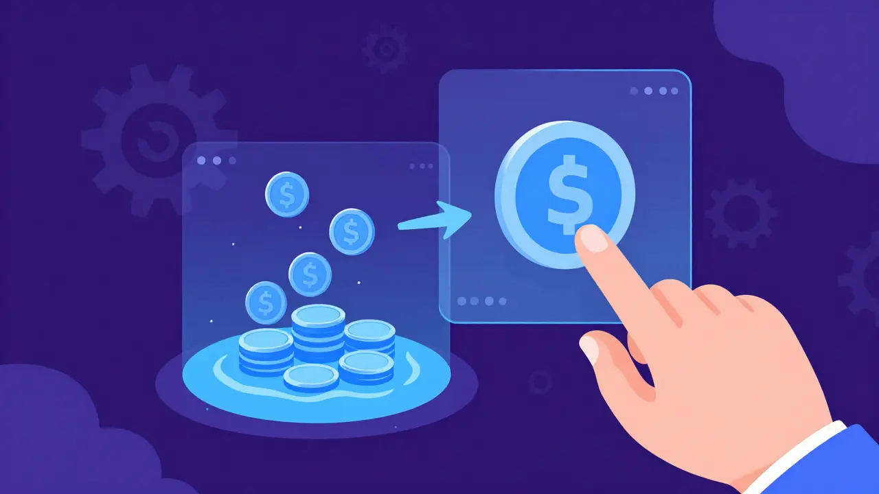 Hand interacting with a holographic interface showing coin swaps