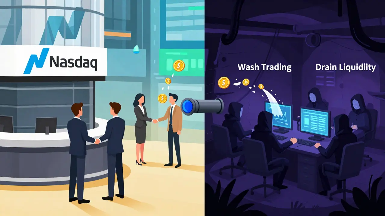 Illustration comparing legitimate stock trading with shady crypto scam operations