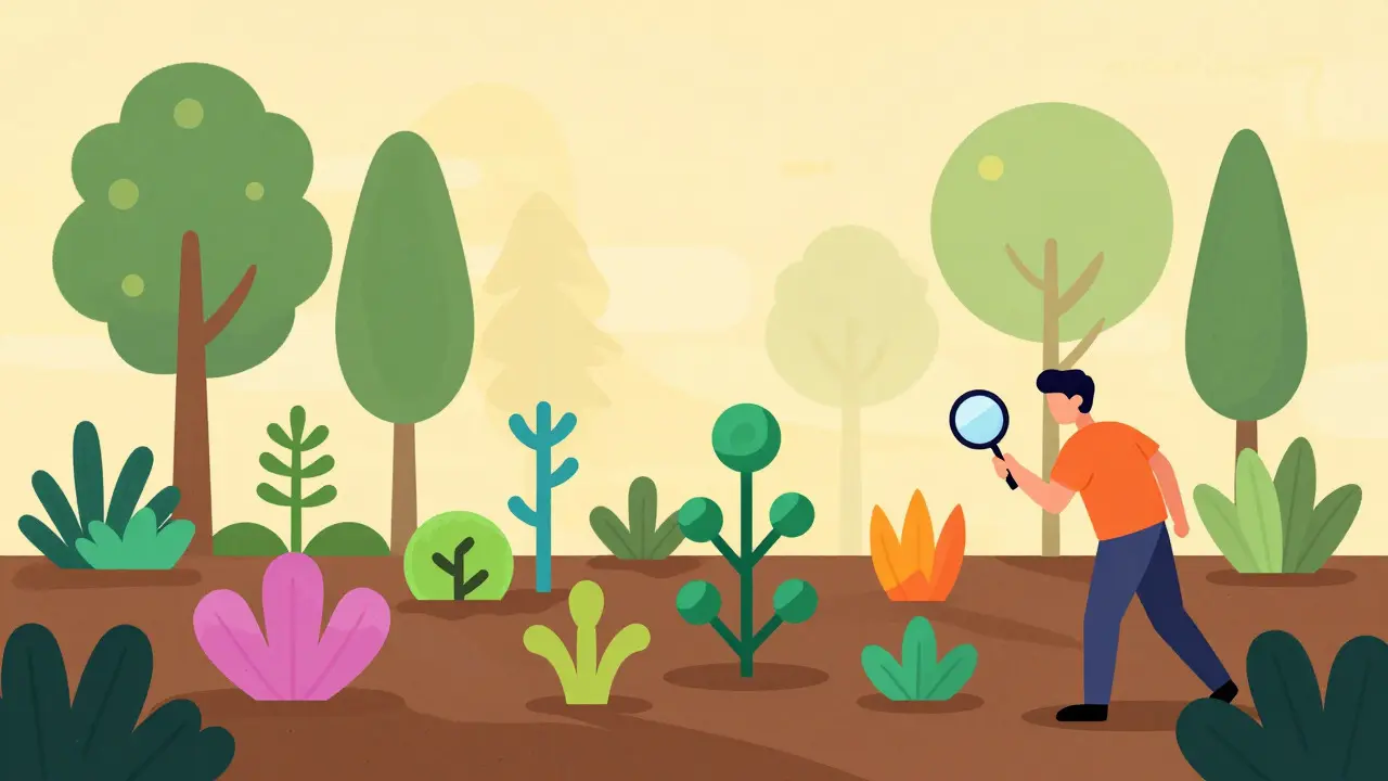 Illustration of a character inspecting unique, colorful digital plants representing niche DeFi farming opportunities