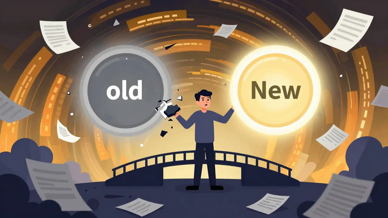 Illustration of a confused person standing between two floating token orbs with a broken bridge