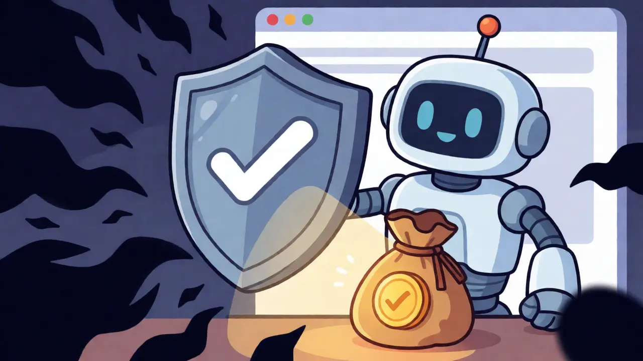 Illustration of a robot shielding tokens from shadowy scam figures with a protective barrier.