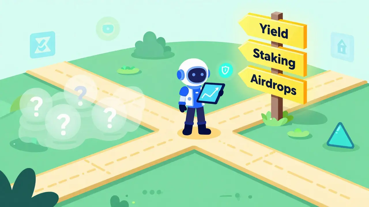 Illustration of a user navigating a strategic digital map for optimized crypto rewards and yield.