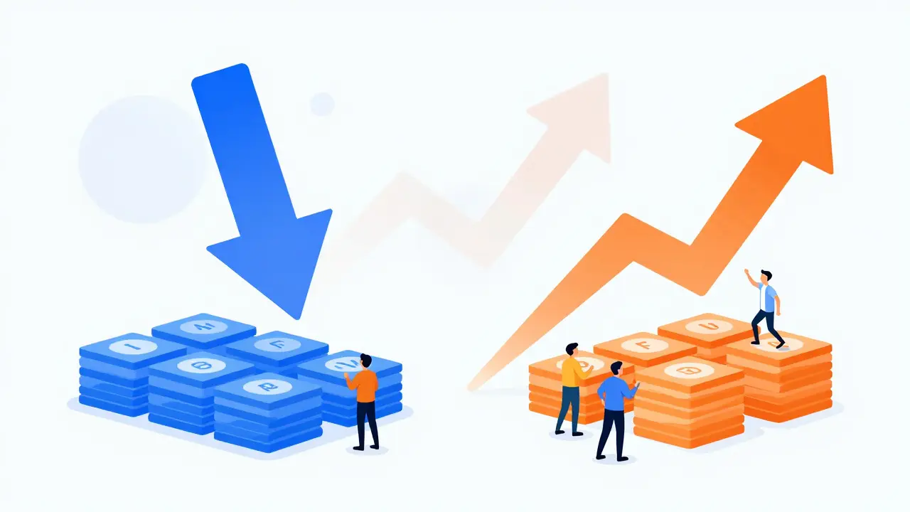 Illustration of NFT market dynamics with arrows showing rising and falling floor prices among collectors