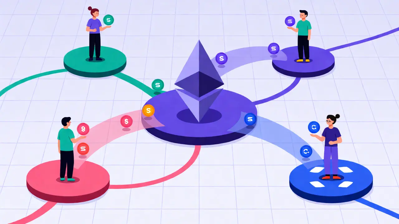 Network diagram showing liquid staking tokens bridging across different blockchains.