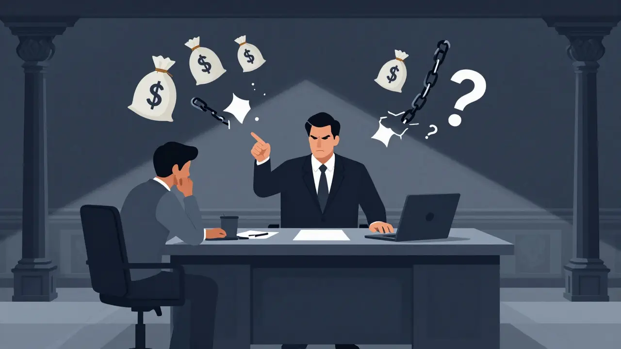Official confronting person in office with floating money and question marks