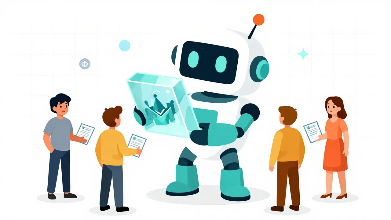 Robot holding a digital asset while various network characters collaborate