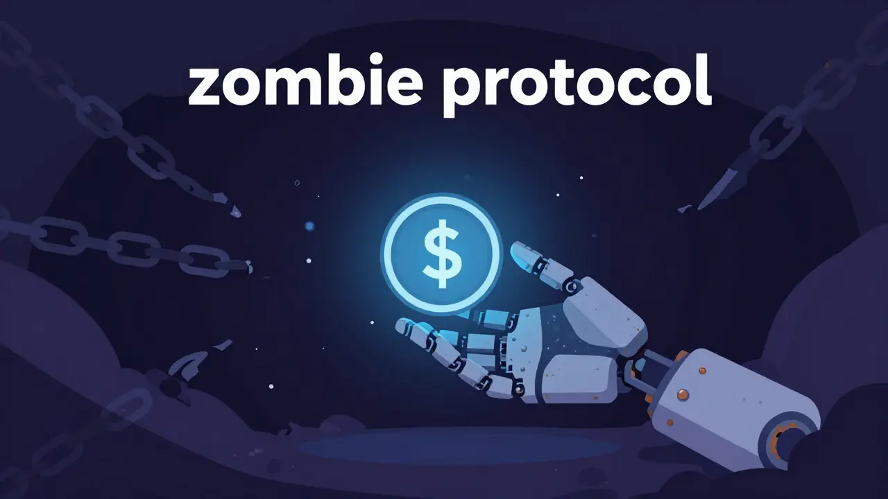 Rusty robotic hand reaching for stablecoins, symbolizing zombie protocol