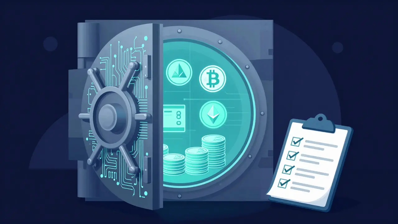 Secure digital vault with segregated crypto assets and compliance checklist.