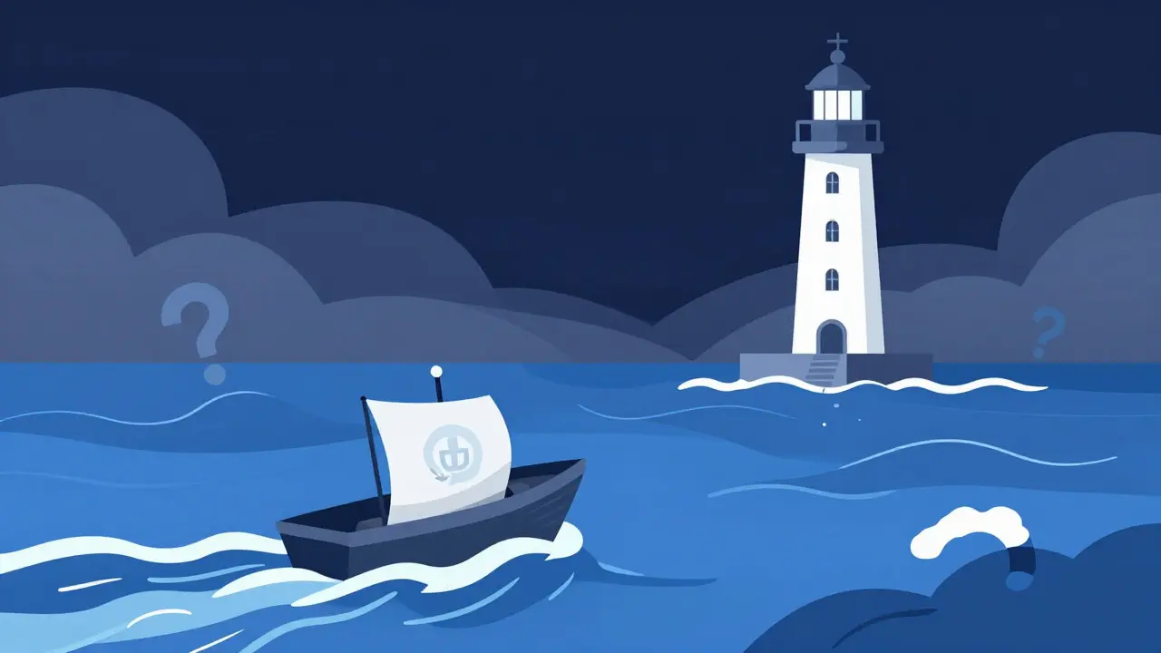 Small boat navigating rough waters towards a large lighthouse