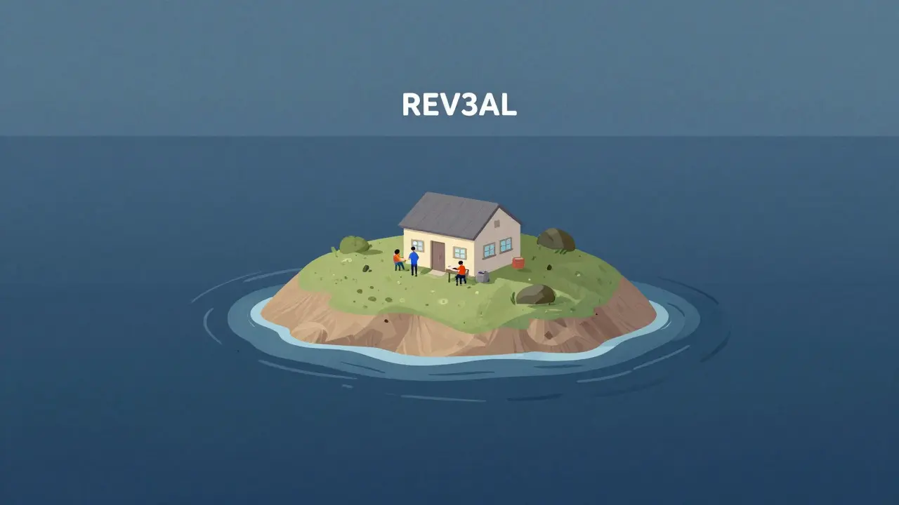 Small island representing a niche crypto token in a vast ocean, flat illustration