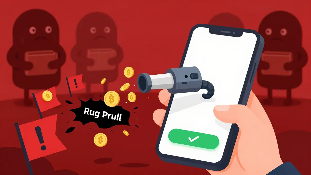 Smartphone screen showing digital coins being sucked away by a rug pull scam