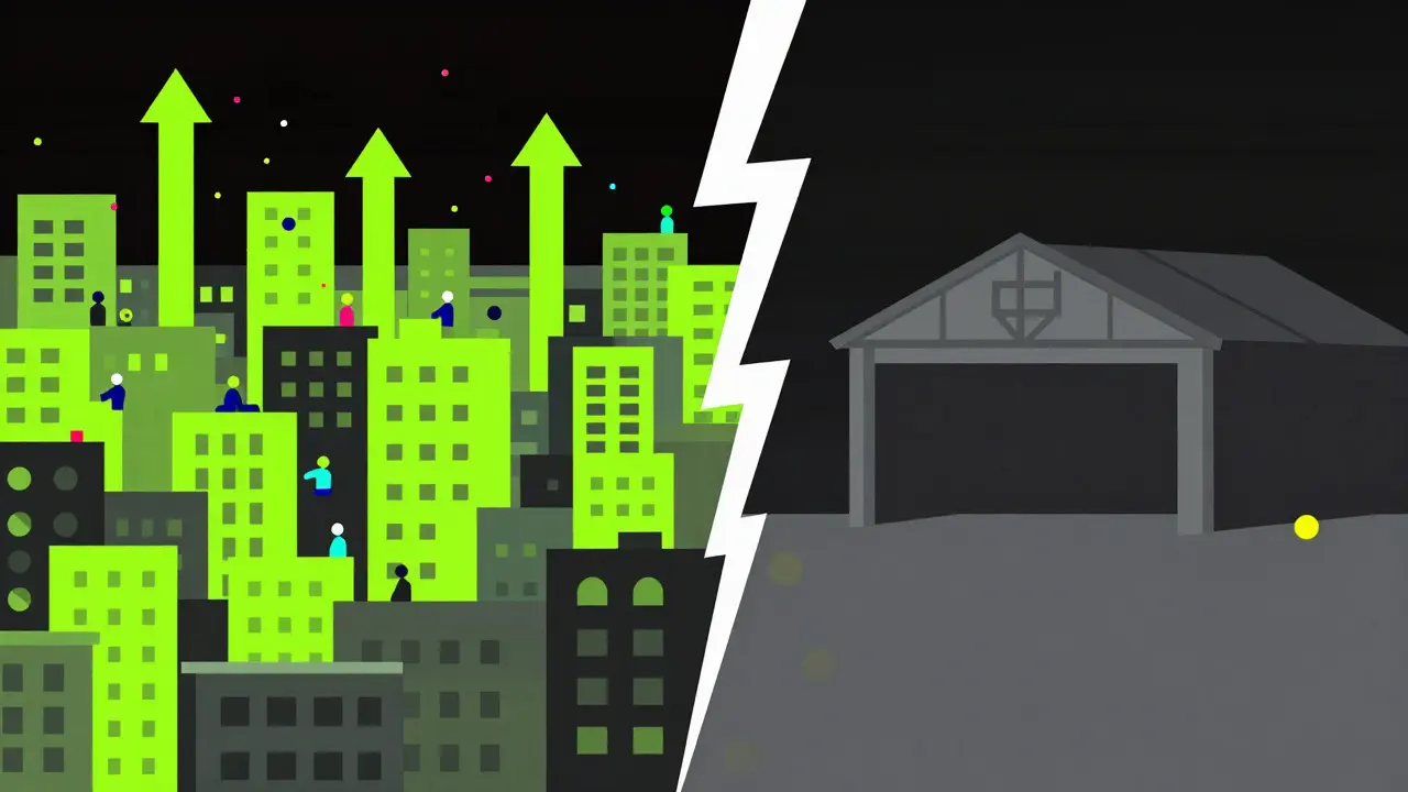 Split illustration comparing a busy major exchange with an empty, quiet smaller platform