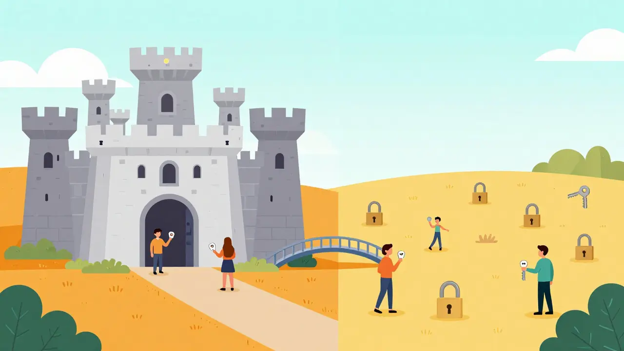 Split view comparing a fortress for CEXs and an open field for DEXs