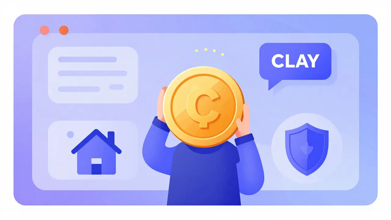 Stylized character holding a glowing coin surrounded by icons for property, staking, and voting