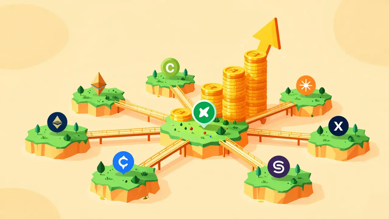 Stylized map of connected blockchain islands with rising arrows showing network growth