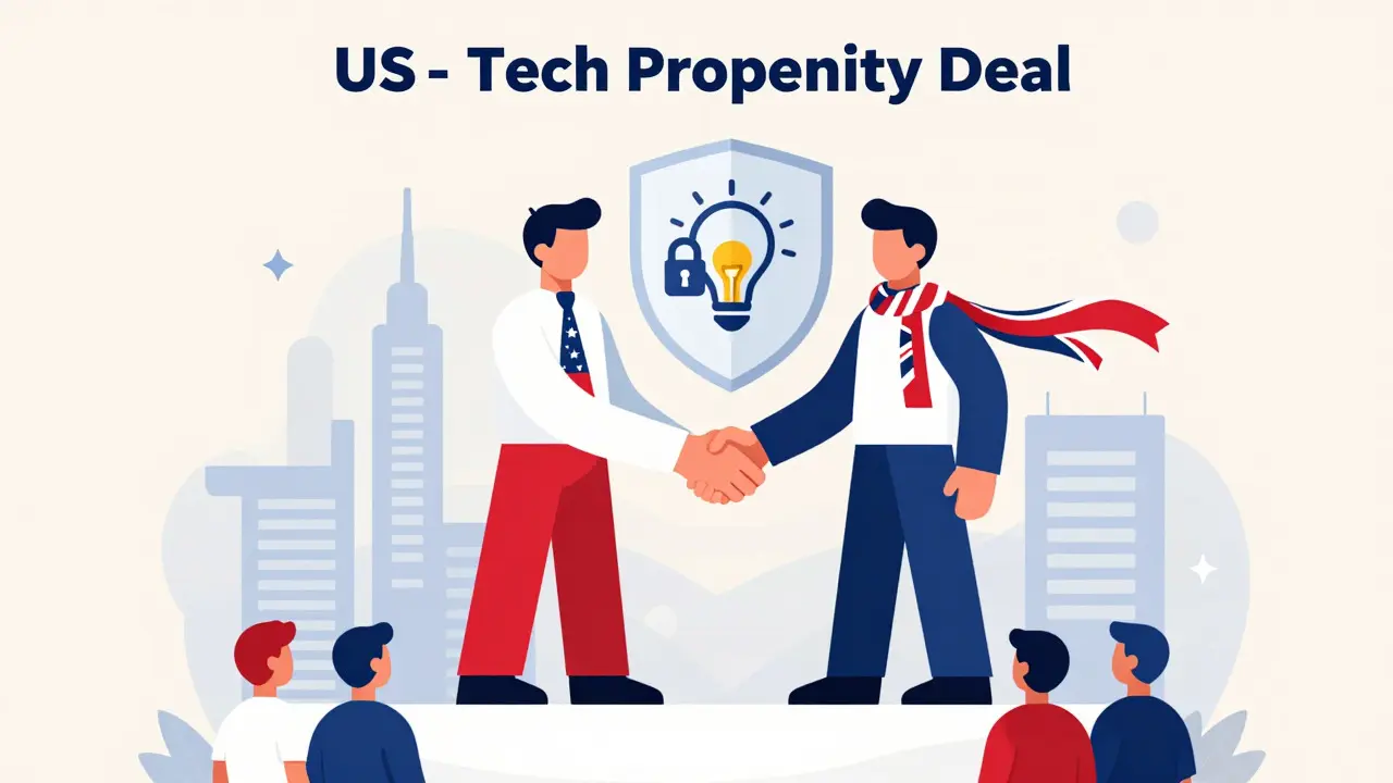 Stylized US and UK figures holding a security shield over a financial cityscape.