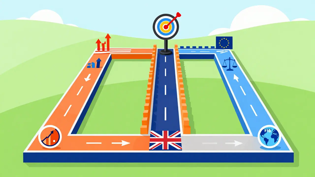 Three colored paths representing different crypto regulatory models converging on a target.