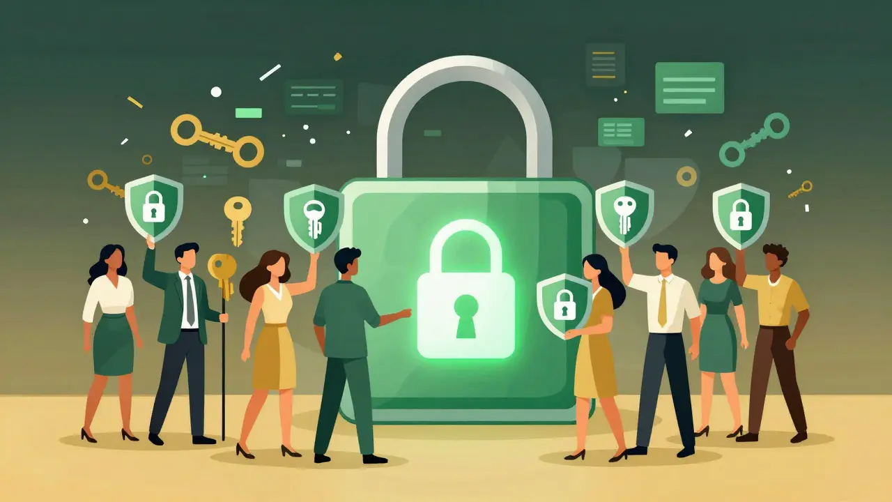 Traders holding key shields near a secure hardware wallet