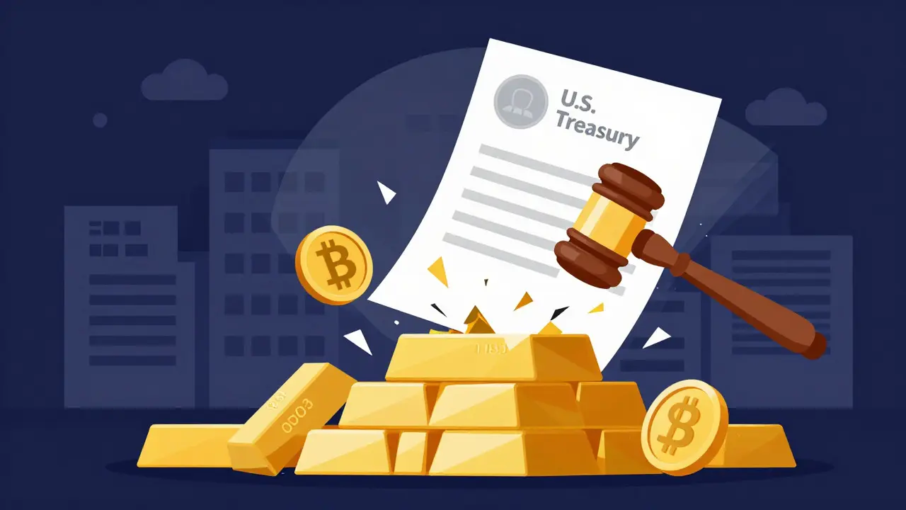 U.S. sanctions document striking down stacks of gold and crypto symbols