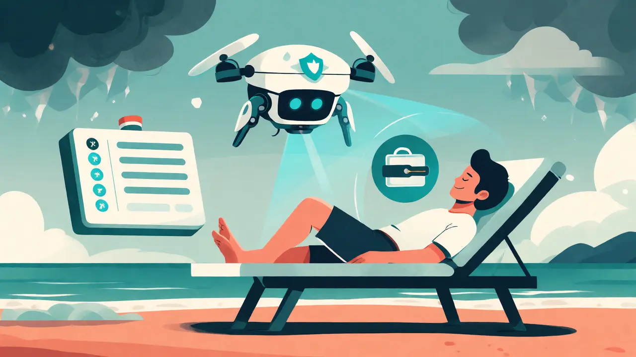 A watchtower robot protecting a sleeping user's funds from online threats.