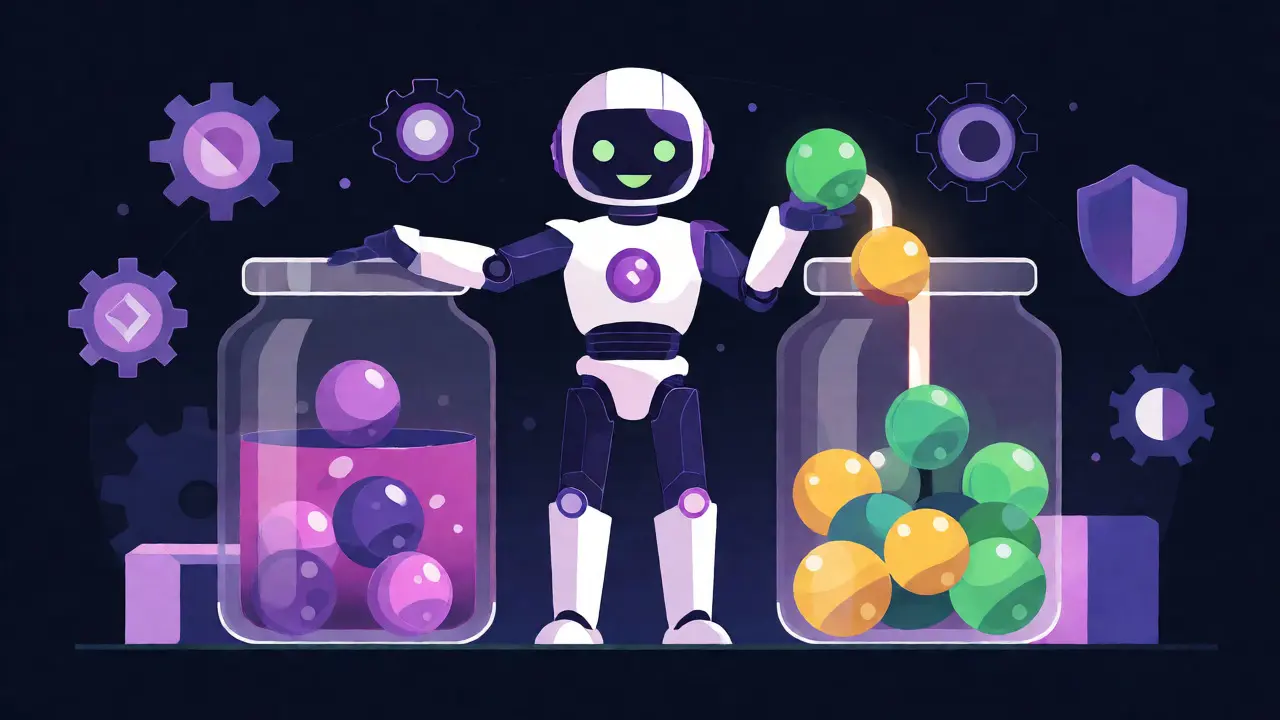 Abstract illustration of automated market maker swapping tokens between pools