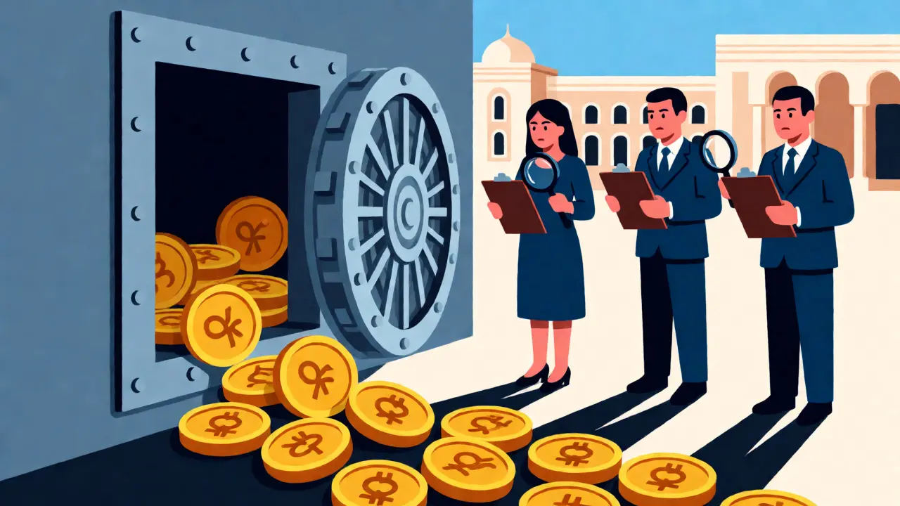 Bank vault closing on crypto coins guarded by three regulators.