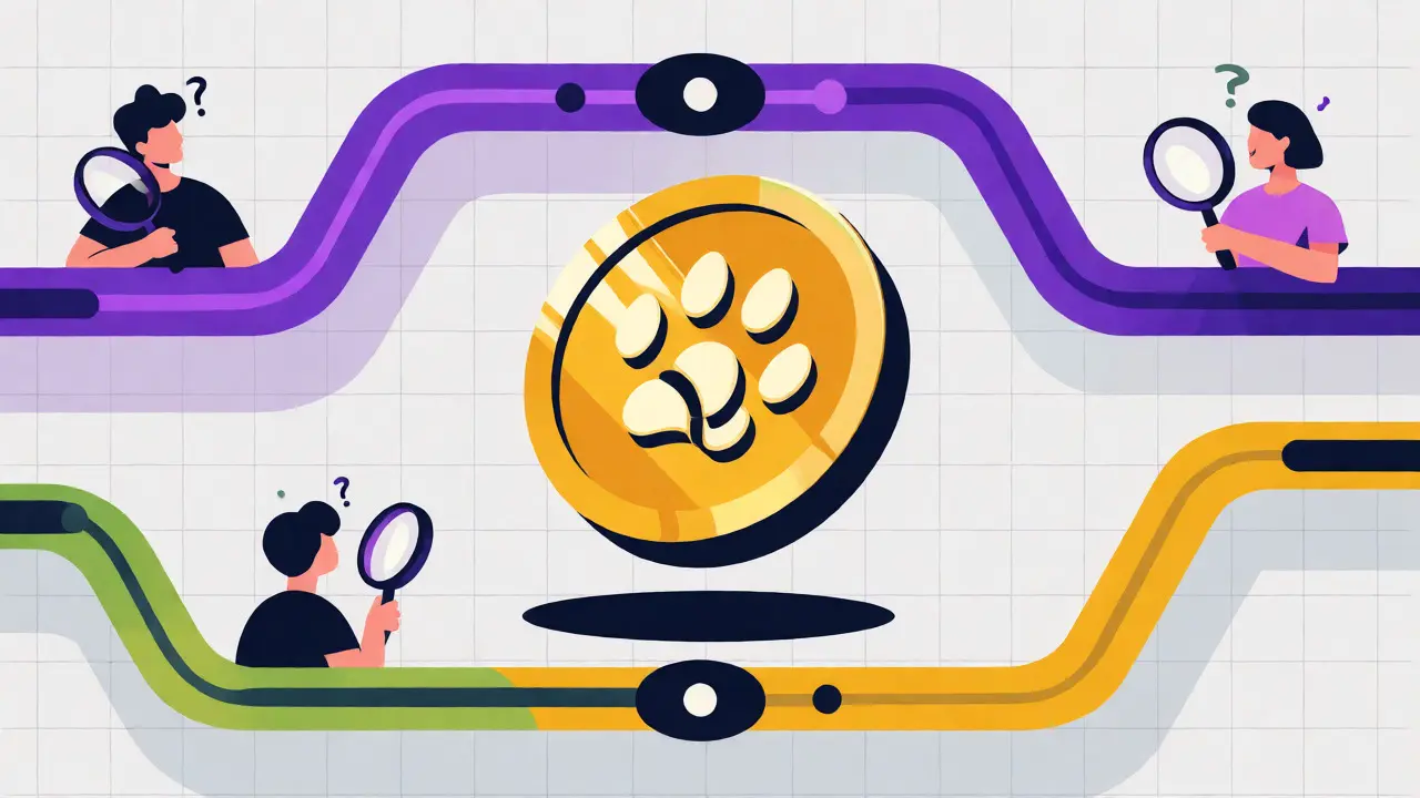 Cartoon of a crypto coin between two different network paths