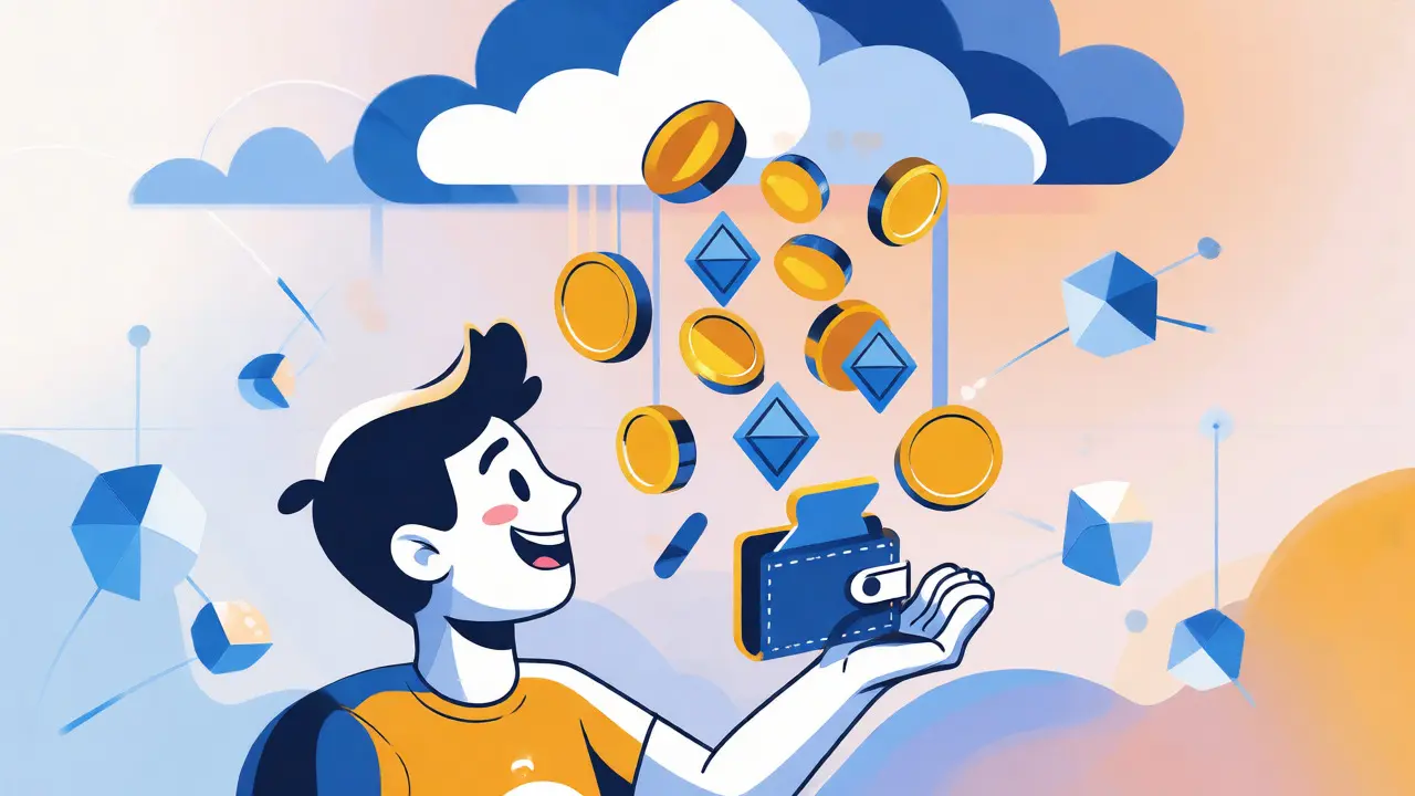 Character catching falling crypto tokens in a digital cloud
