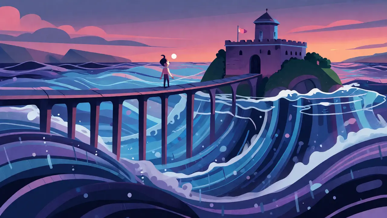 Character on a narrow bridge approaching an isolated island exchange