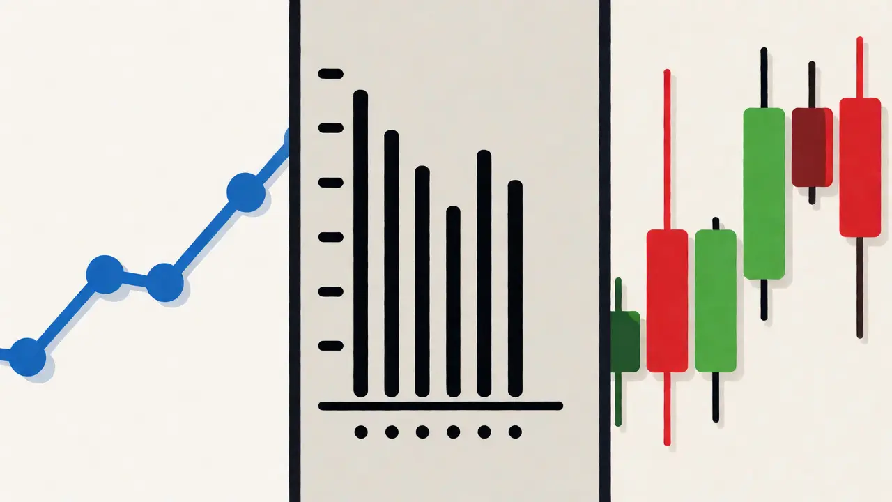 Comparison of line, bar, and candlestick chart types in flat art