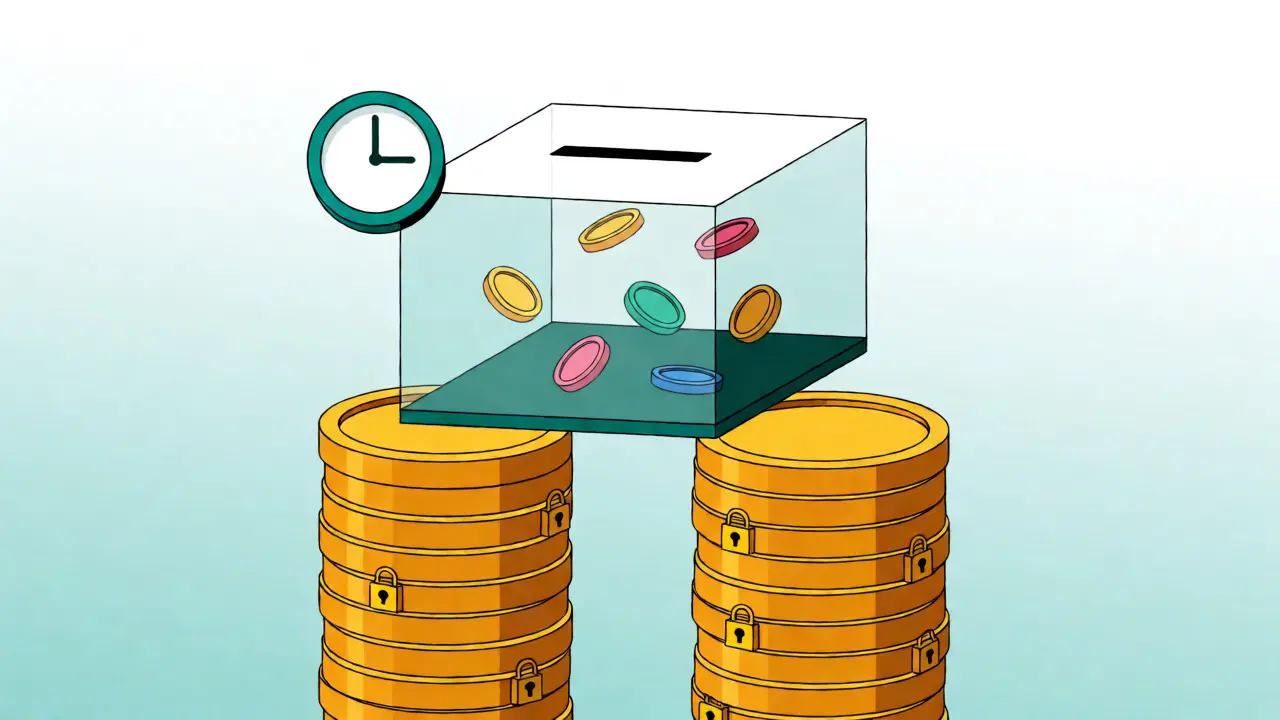 Conceptual art showing staked coins supporting a voting mechanism