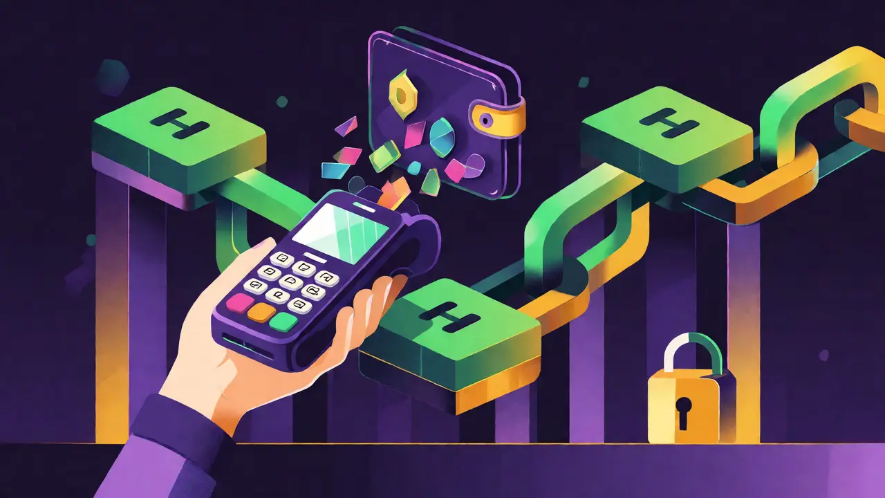 Conceptual flat art of HTP POS terminal integrating with Binance Smart Chain blockchain