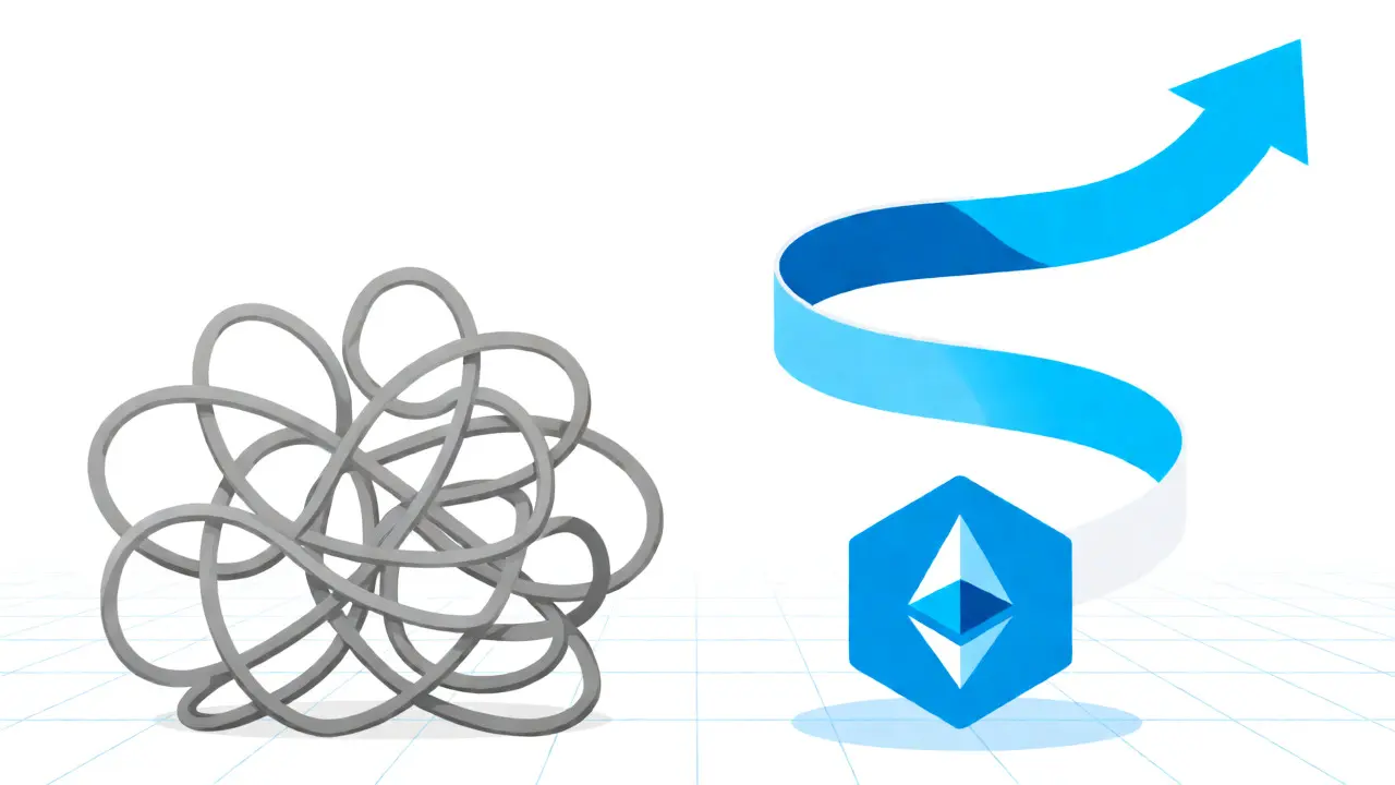 Contrast between tangled gray strings and a sleek cyan spiral ribbon anchored by an Ethereum logo, symbolizing RAI stability.
