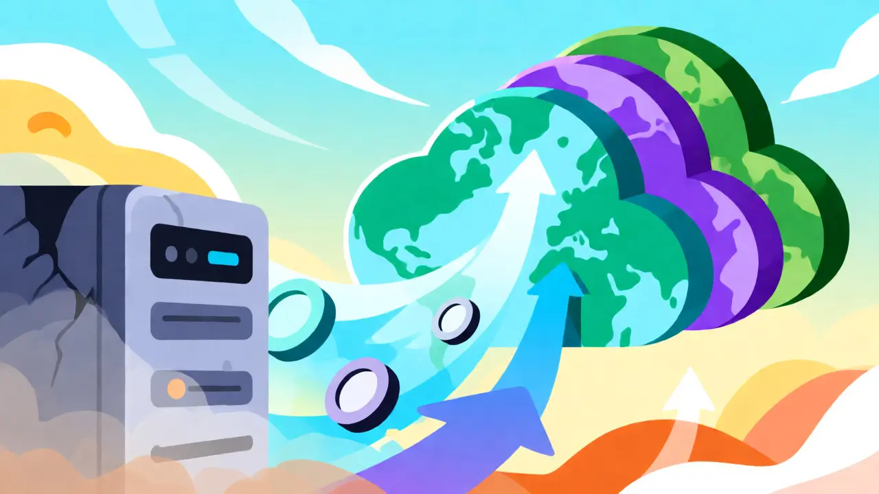 Digital coins flowing from an old server into a vibrant, modern global cloud network.