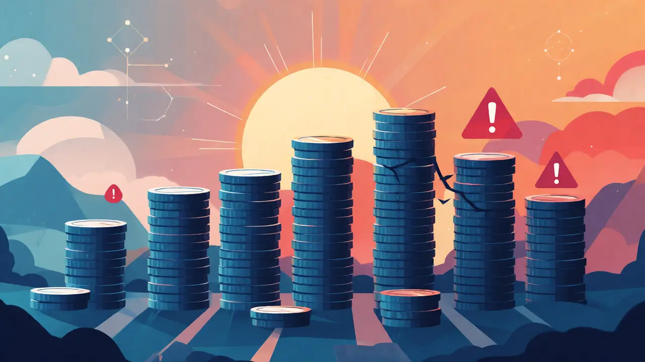 Digital landscape showing growing crypto assets with warning signs for risks