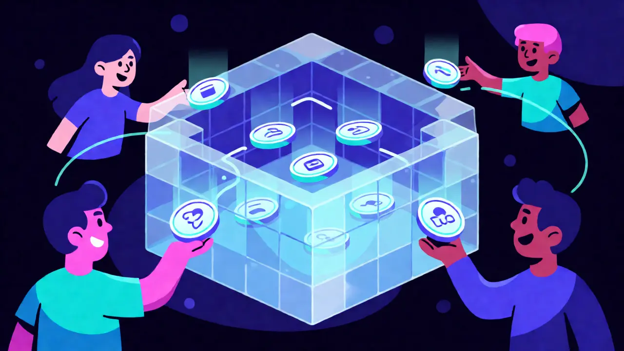 Digital vault distributing NAM tokens to developers and stakers in a cosmic setting