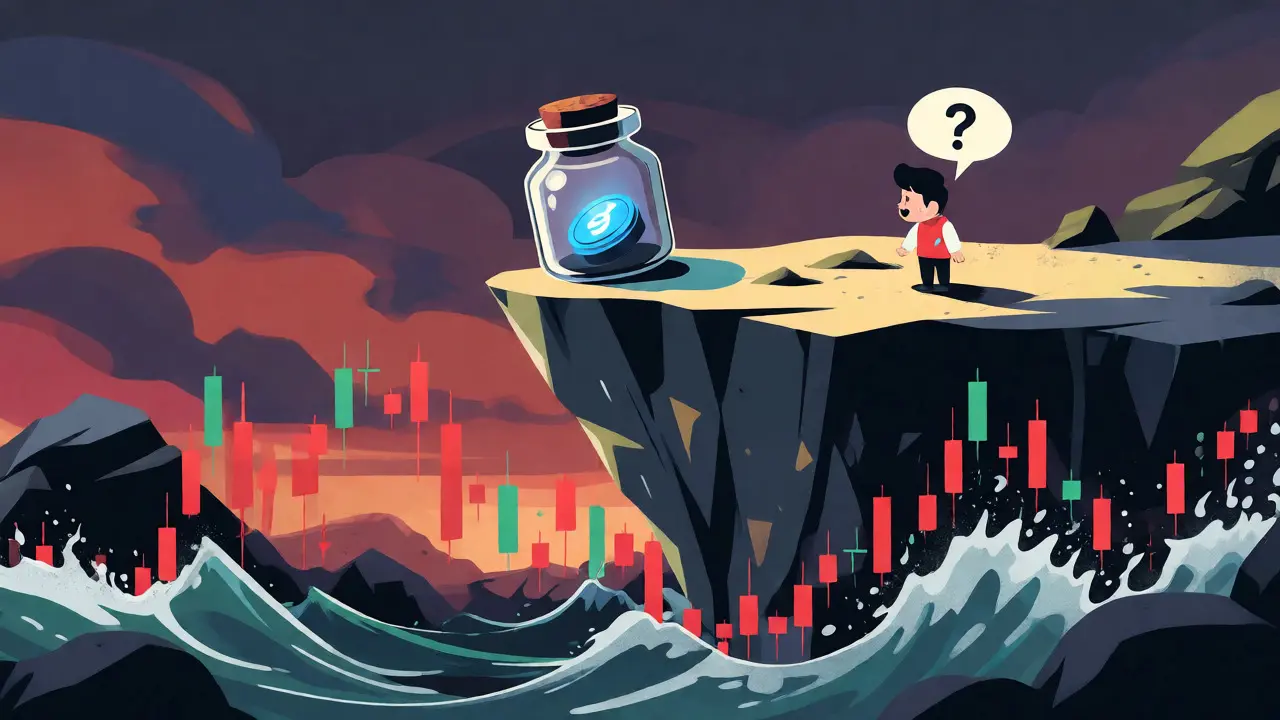 Flat art of a token on a cliff edge above volatile market waves