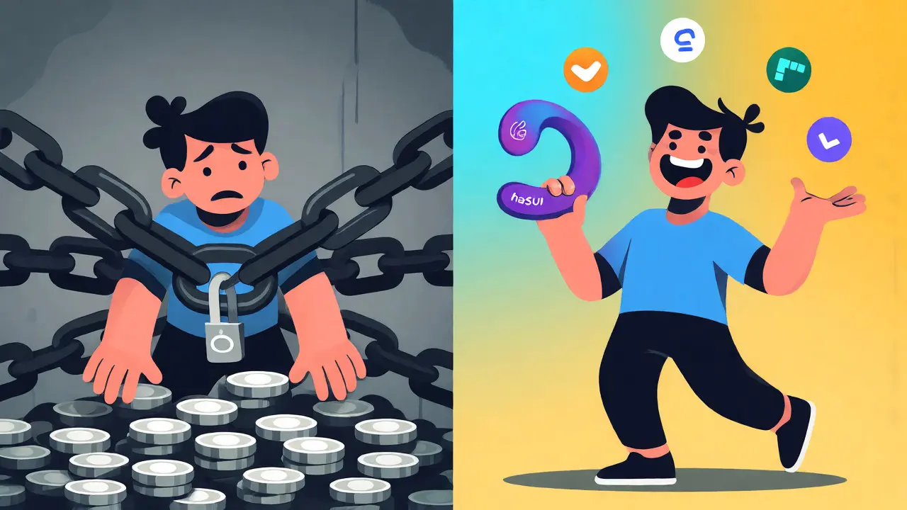 Flat illustration contrasting locked traditional staking with the flexibility of Haedal liquid staking.