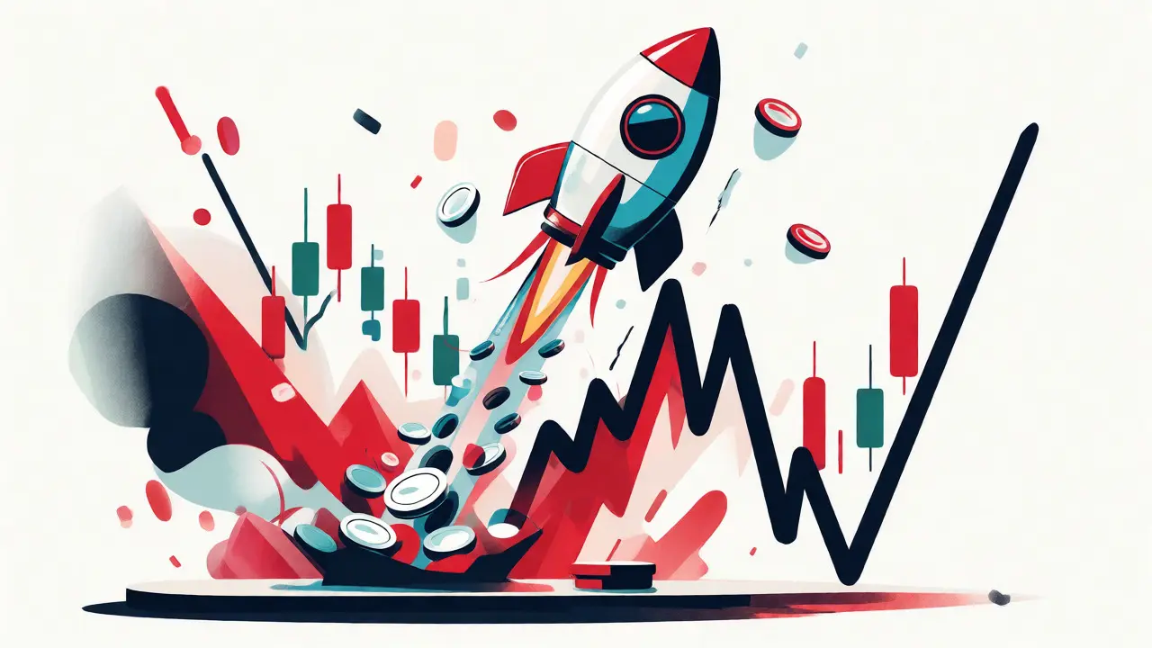 Flat illustration of a dog-shaped rocket showing extreme price volatility spikes and crashes.