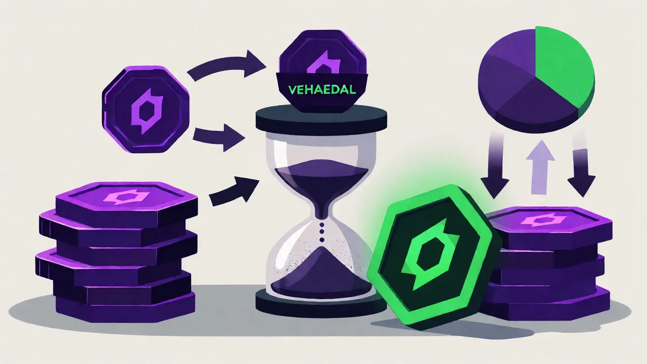 Flat illustration showing HAEDAL token locking mechanisms leading to veHAEDAL governance power.