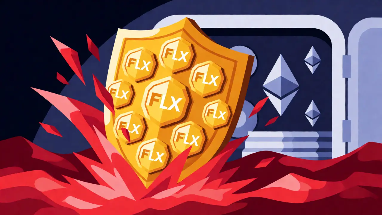 Golden FLX token shield protecting Ethereum vault from market crashes