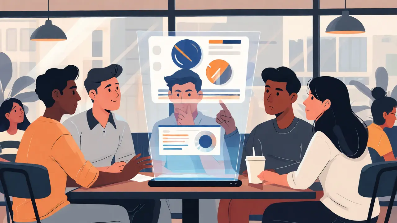 Group of friends analyzing crypto market data on a holographic display