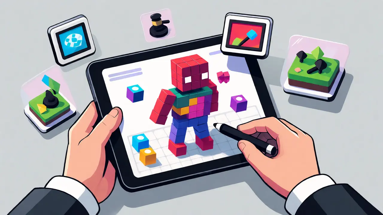 Hands creating voxel assets on a tablet with NFT icons
