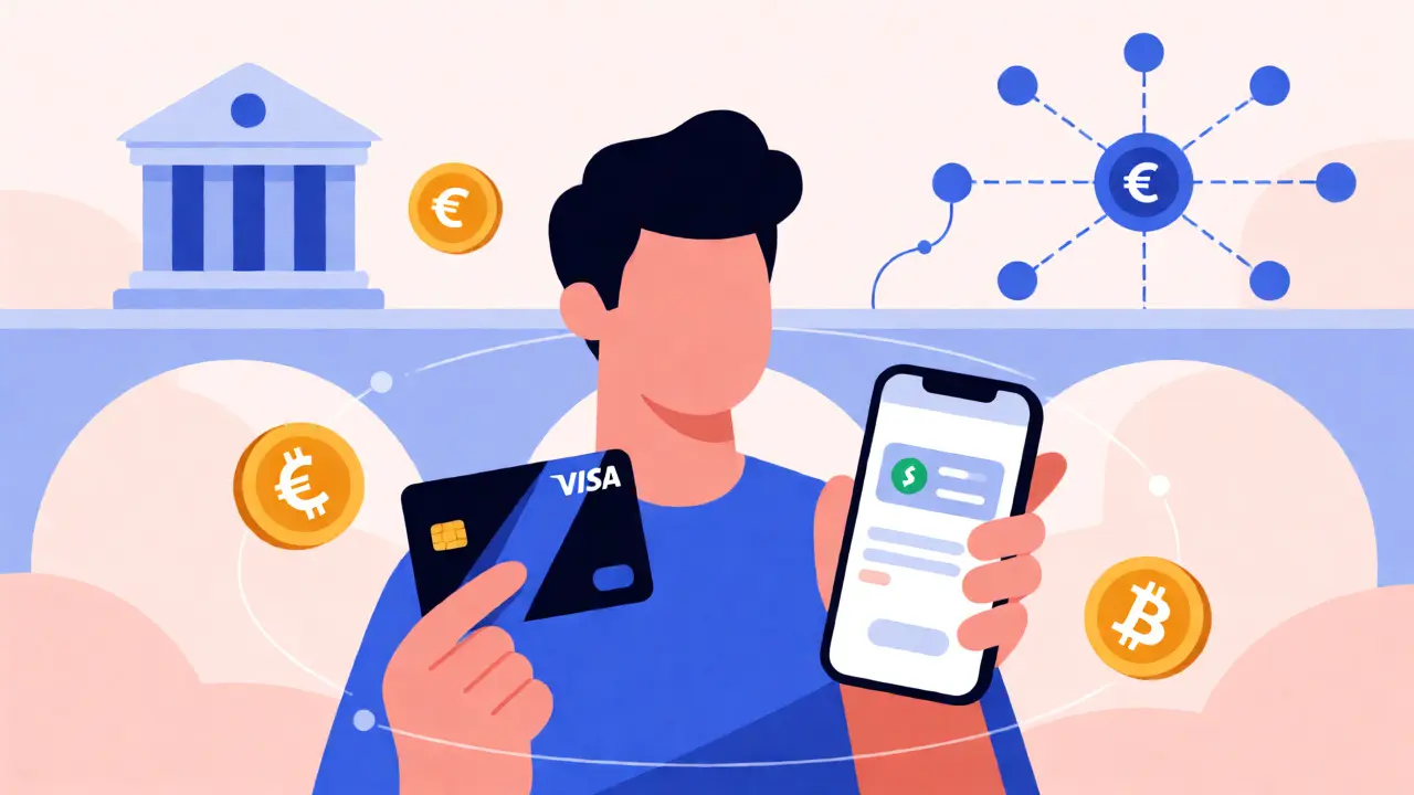 Illustration of a person holding a crypto card and phone with a bridge connecting bank and blockchain.