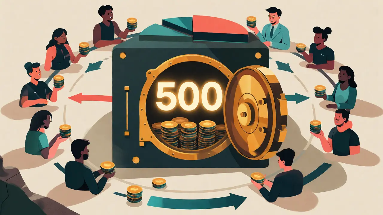 Illustration of HTP's fixed 500 million supply cap and distributed token ownership