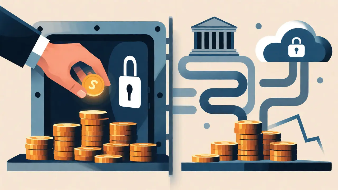 Illustration showing coin custody in a vault alongside a visual representation of withdrawal fee markups.